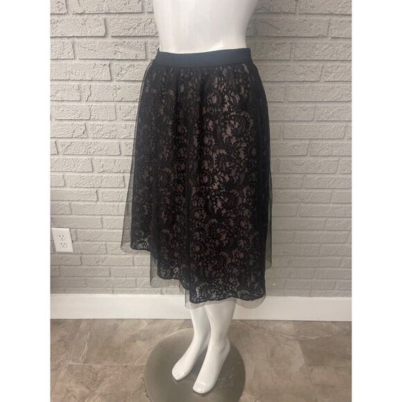 Express Black Mesh Lace Overlay Knee Length Skirt Size 2 - Picture 4 of 9